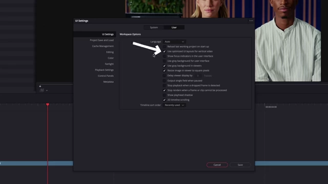 DaVinci Resolve UI Settings with Vertical Video Layout option