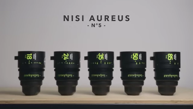 A set of five Nisi Aureus cine prime lenses lined up, showing their focal lengths and "Aureus Prime" branding