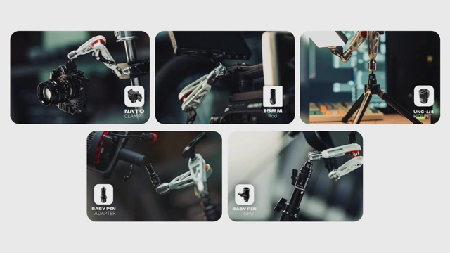 A collage of images demonstrating the Murage Talos Damping Magic Arm used in various configurations to mount accessories