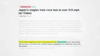 A screenshot from a news article reporting on the noise generated by Japan's Maglev train, highlighting "deafening noise outside" while offering a "smooth ride inside."