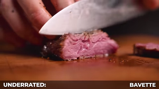 Slices of cooked bavette steak, showing its internal doneness.