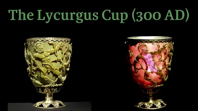 The Lycurgus Cup, an ancient Roman nanometerial, displaying different colors depending on the light source
