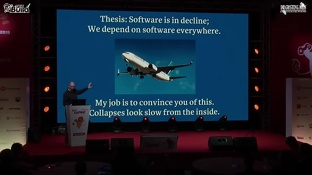 The central thesis: Software is in decline despite ubiquitous dependency, exemplified by an airplane