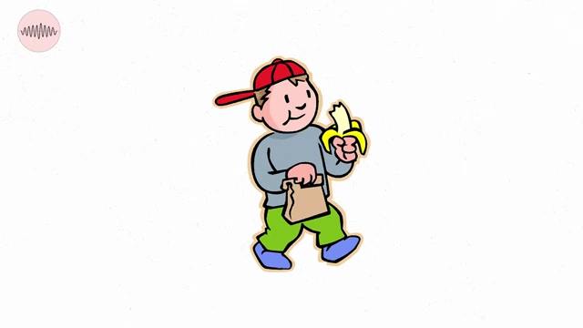 A cartoon boy eating a banana