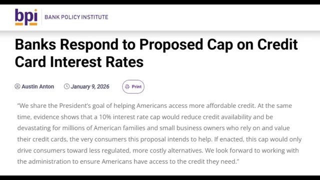 An article headline from the Bank Policy Institute expressing concerns that a 10% interest rate cap would reduce credit availability and be devastating for millions of families and small businesses.