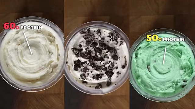 Overview of the three protein ice cream flavors with their macro breakdowns: Cookie Dough (60g protein), Oreo (50g protein), and Mint Chocolate Chip (50g protein), each with approximately 400 calories.