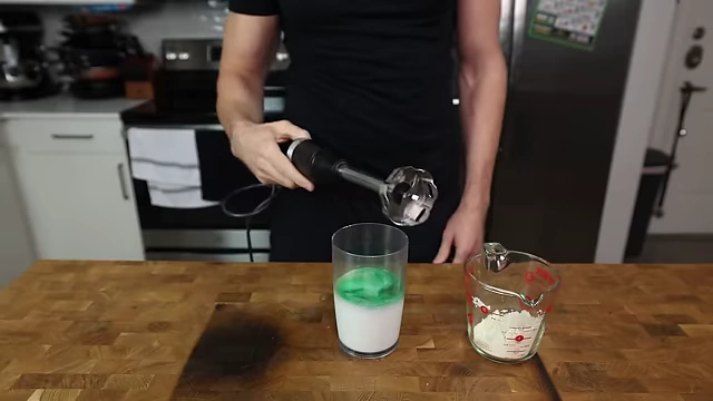 An immersion blender is recommended for thorough mixing and minimal foam.