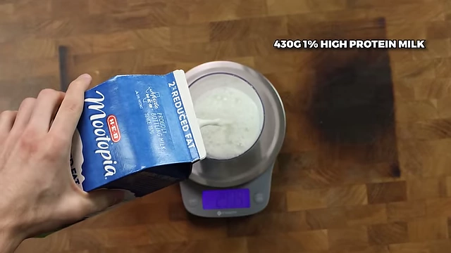 Adding 430g of 1% high-protein milk for the Oreo ice cream base.
