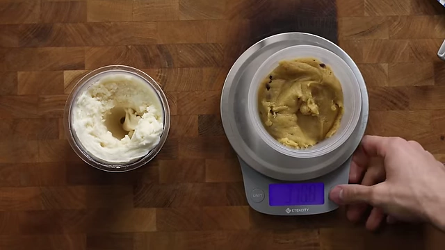 Adding 50g of refrigerated cookie dough into the processed ice cream.