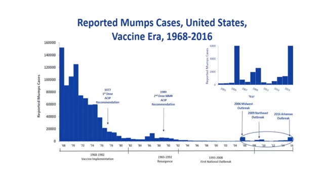 A bar graph showing reported mumps cases in the United States from 1968 to 2016, highlighting a sharp decline after vaccine implementation and subsequent recommendations, followed by noticeable spikes in the 2000s.