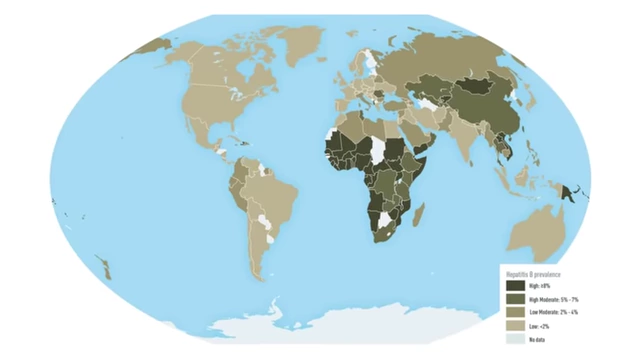 A global map illustrating the prevalence of Hepatitis B worldwide, with darker shades indicating higher infection rates.