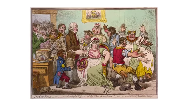 An 18th-century European caricature depicting "The Cow Pock" or the "Wonderful Effects of the New Inoculation," illustrating public perception of early vaccination.