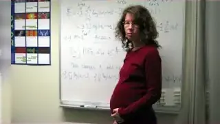 A full-body image of Sabine Hossenfelder, visibly pregnant, standing in front of a whiteboard with physics equations.