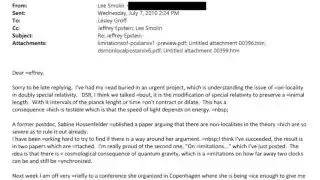 A screenshot of an email dated July 7, 2010, from Lee Smolin to Lesley Groff, with Jeffrey Epstein and Lee Smolin in CC. The subject is "Re: Jeffrey Epstein".