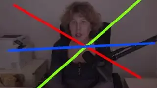 An image illustrating three intersecting colored lines (red, blue, green) over the speaker's face, representing light beams.