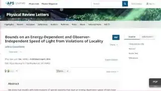 A screenshot of the article page for "Bounds on an Energy-Dependent and Observer-Independent Speed of Light from Violations of Locality" in Physical Review Letters.