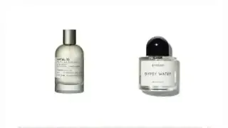 Two perfume bottles, Le Labo Santal 33 and Byredo Gypsy Water, illustrating their similar minimalist and "authentic" branding.