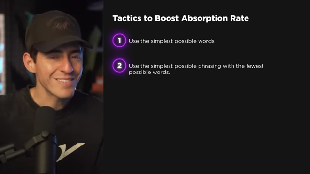 A list of tactics to boost absorption rate in content: 1) Use the simplest possible words. 2) Use the simplest possible phrasing with the fewest possible words.