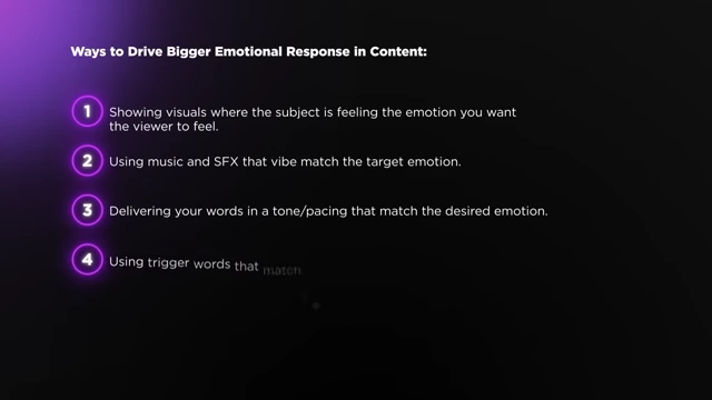 A list of four tactics to boost emotional response in content: 1) Showing visuals where the subject is feeling the emotion you want the viewer to feel. 2) Using music and SFX that vibe match the target emotion. 3) Delivering your words in a tone/pacing that match the desired emotion. 4) Using trigger words that match the desired emotion.