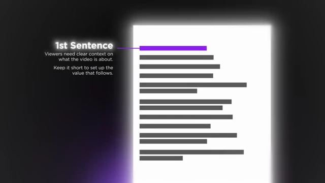 A visual emphasizing that the first sentence of a script needs clear context about the video's topic and should set up the value that follows.