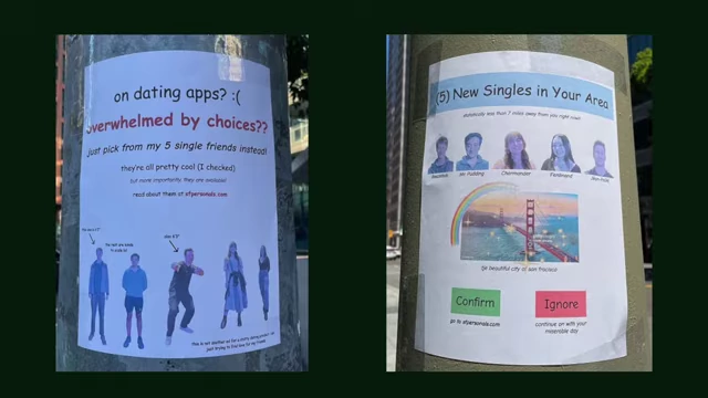 Close-up of Danielle's "on dating apps" and "New Singles in Your Area" flyers