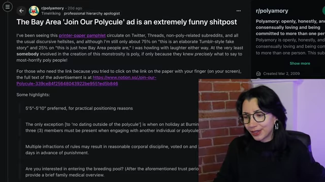 A Reddit comment debating if the polycule ad is a joke or how Bay Area people really are