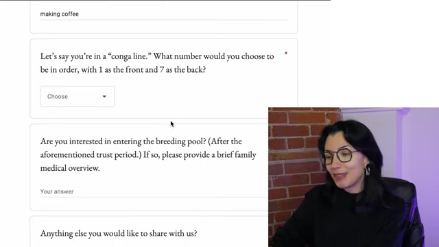 Application questions about "conga line" position and interest in the "breeding pool"