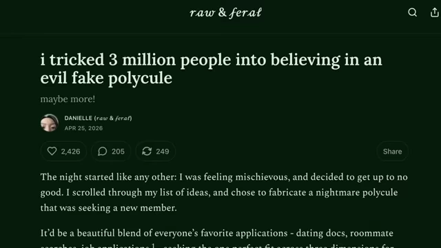 Danielle's Substack article revealing she tricked people into believing in the fake polycule
