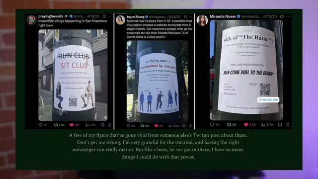 Examples of other viral flyers created by Danielle, including "Run Club Sit Club" and "New Singles in Your Area"