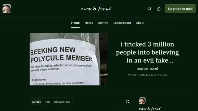 Danielle's Substack homepage with her article about the fake polycule