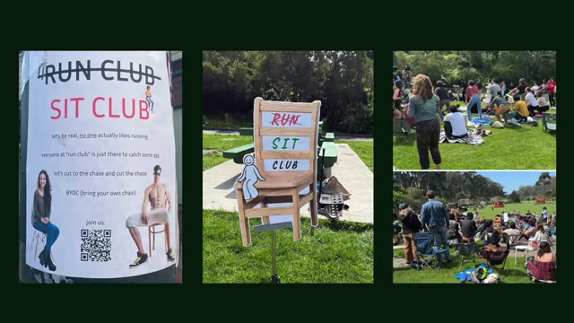 The "Run Club Sit Club" flyer, chair, and photos of participants