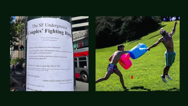 The "SF Underground Couples' Fighting Ring" flyer and photos of people mock fighting