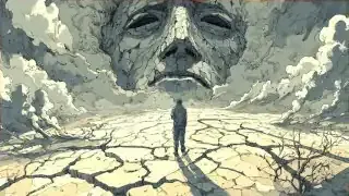 A lone figure standing before a vast, cracked face in a desolate landscape, symbolizing the intense suppressed anger and indignation of "Han" from perceived injustice.