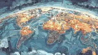 A global map with lines connecting continents, illustrating the multi-directional flow of the Korean Wave and its global influence.