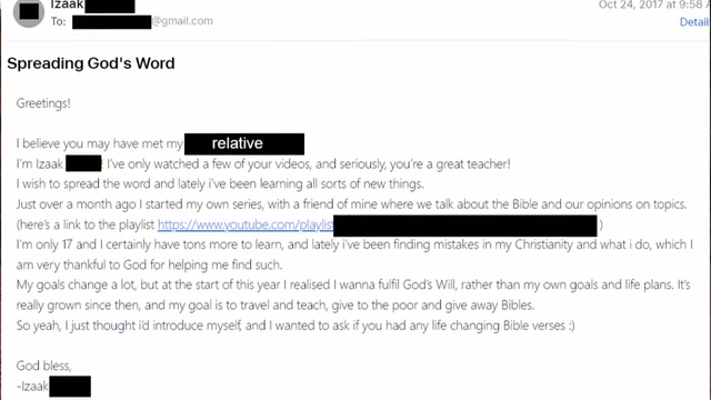CringyGull's initial email to Daryl, expressing his eagerness to learn the Bible.