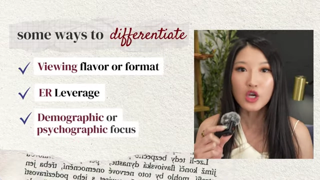A checklist showing 'Viewing flavor or format', 'ER Leverage', and 'Demographic or psychographic focus' as strategies for differentiation.