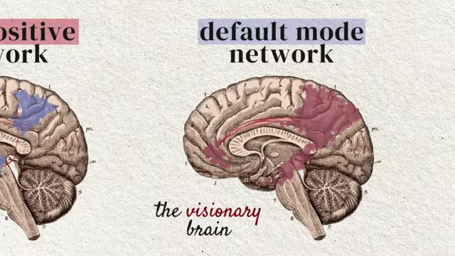 Brain diagrams differentiating the 'task positive network' (hustle brain) for rigid execution, and the 'default mode network' (visionary brain) for creative insights and hidden marketing angles.