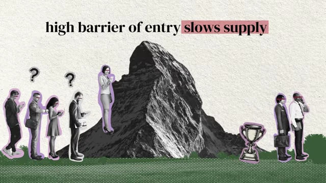 Illustration showing a mountain as a high barrier of entry, limiting supply and competition within a niche.