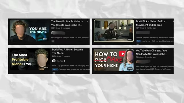Screenshots of YouTube videos reflecting the 'niche is you' trend, where creators focus solely on personal sharing without market consideration.