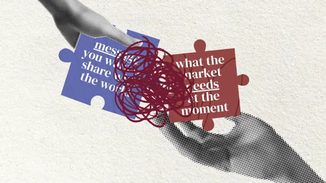 Illustration showing mismatched puzzle pieces where the 'message you want to share' clashes with 'what the market needs', leading to an unmarketable offering.