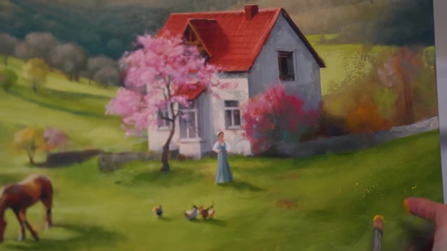 The landscape painting nearing completion, featuring a house with a red roof, cherry blossoms, horses, and ducks.