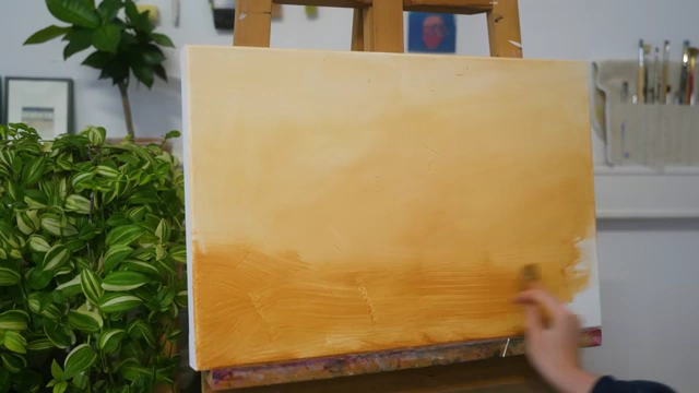 Initial wash and sketch of the landscape painting in progress.