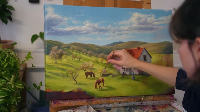 Mid-stage of the landscape painting, showing a house, trees, and animals being rendered.