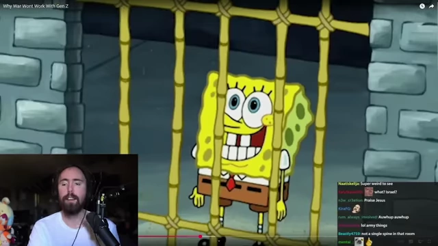 Animated character SpongeBob smiling in jail, representing Gen Z's attitude of preferring imprisonment over military service