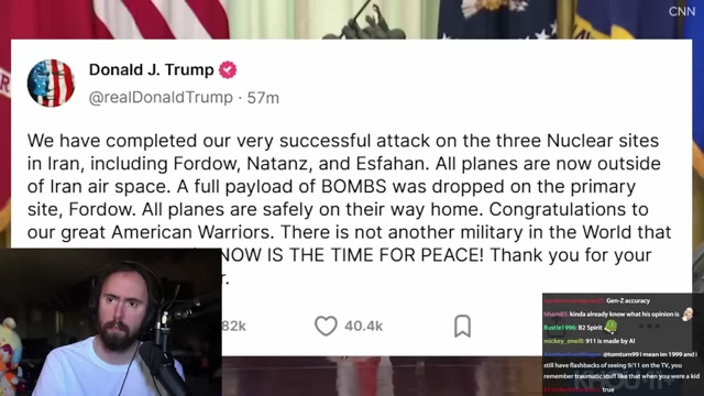 Screenshot of Trump's tweet announcing the bombing of Iranian nuclear facilities