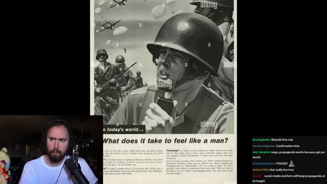 Old-fashioned recruitment ad in a newspaper: "In today's world... what does it take to be a man?"