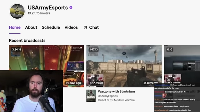 Screenshot of the US Army Esports Twitch channel, showing how the military uses live streaming platforms for recruitment