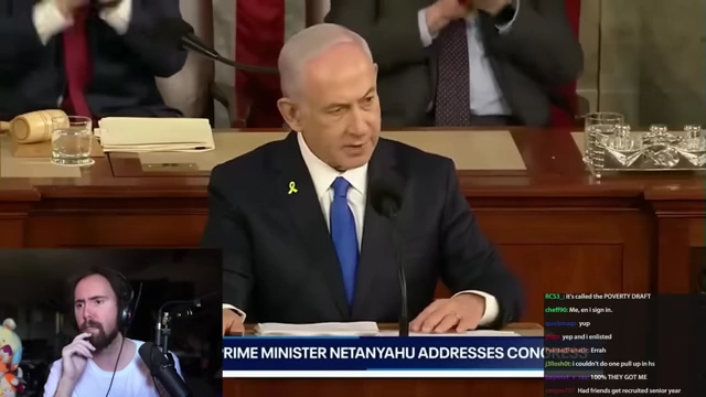 Israeli Prime Minister Netanyahu giving a speech in the US Congress, with members of Congress giving him a standing ovation