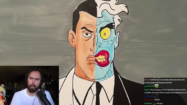 Two-faced man cartoon figure, symbolizing permanent damage to body and mind caused by war