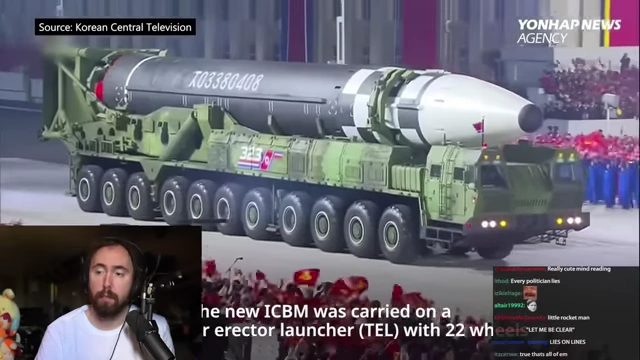 Intercontinental ballistic missiles displayed in a North Korean military parade, showing its military power